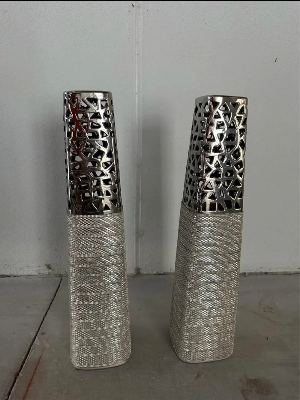 Decorative Metal Accent Vase Pair in Silver